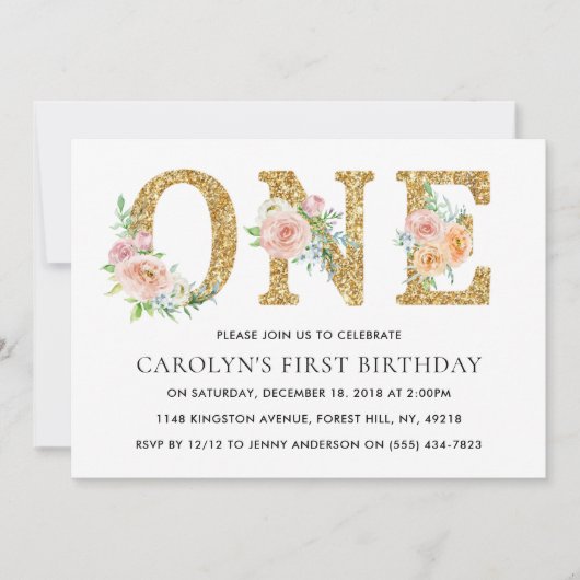 フローラエレガント金ゴールドグリッターワン誕生日 招待状 (正面)