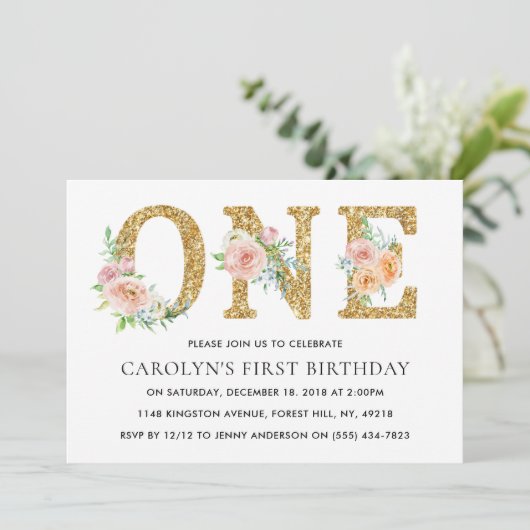フローラエレガント金ゴールドグリッターワン誕生日 招待状 (スタンド正面)