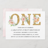 フローラエレガント金ゴールドグリッターワン誕生日 招待状 (正面/裏面)