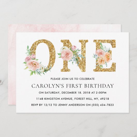 フローラエレガント金ゴールドグリッターワン誕生日 招待状 (正面/裏面)