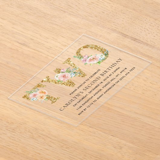 フローラエレガント金ゴールドグリッター2歳2歳の誕生日 アクリル招待状 (レイダウン)