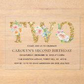 フローラエレガント金ゴールドグリッター2歳2歳の誕生日 アクリル招待状 (正面)