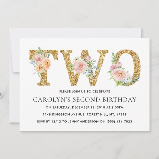 フローラエレガント金ゴールドグリッター2歳2歳の誕生日 招待状 (正面)