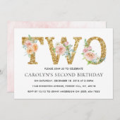 フローラエレガント金ゴールドグリッター2歳2歳の誕生日 招待状 (正面/裏面)