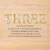 フローラエレガント金ゴールドグリッター3歳3歳の誕生日 アクリル招待状 (正面)