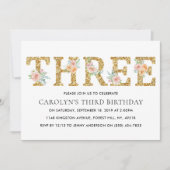 フローラエレガント金ゴールドグリッター3歳3歳の誕生日 招待状 (正面)