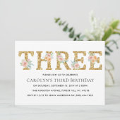 フローラエレガント金ゴールドグリッター3歳3歳の誕生日 招待状 (スタンド正面)