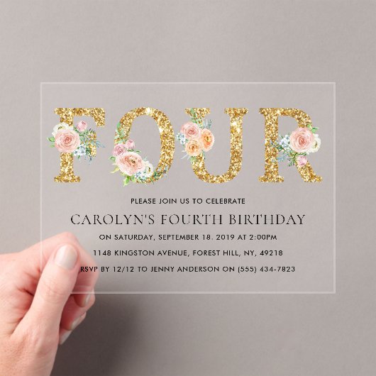 フローラエレガント金ゴールドグリッター4 4歳の誕生日 アクリル招待状 (インサイチュ (ポータブル))
