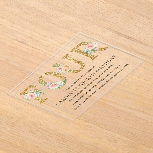 フローラエレガント金ゴールドグリッター4 4歳の誕生日 アクリル招待状 (レイダウン)