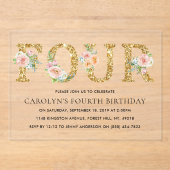 フローラエレガント金ゴールドグリッター4 4歳の誕生日 アクリル招待状 (正面)