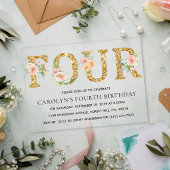 フローラエレガント金ゴールドグリッター4 4歳の誕生日 アクリル招待状