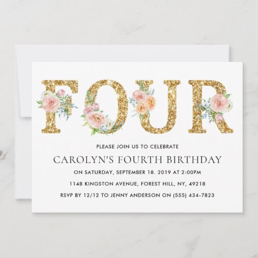 フローラエレガント金ゴールドグリッター4 4歳の誕生日 招待状 (正面)
