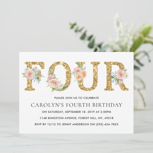 フローラエレガント金ゴールドグリッター4 4歳の誕生日 招待状 (スタンド正面)