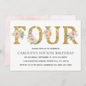 フローラエレガント金ゴールドグリッター4 4歳の誕生日 招待状 (正面/裏面)