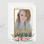 フローラエレガント金ゴールドシック写真卒業パーティー 招待状 (正面/裏面)