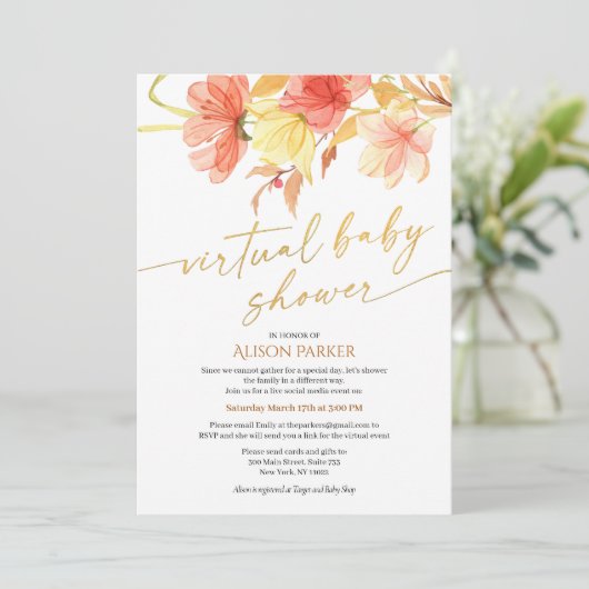 フローラエレガント金ゴールドスクリプトの水彩仮想 招待状 (スタンド正面)