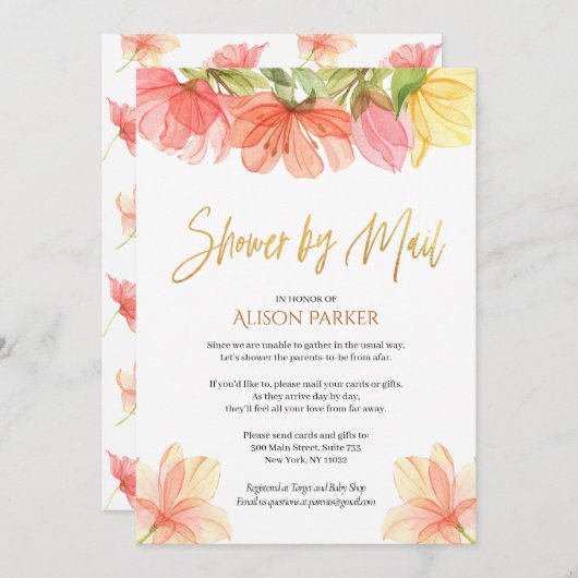 フローラエレガント金ゴールドスクリプト水彩緑 招待状 (正面/裏面)