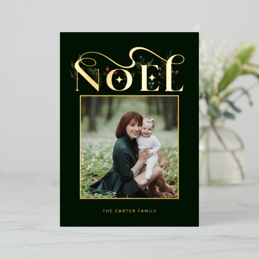 フローラエレガント金ゴールドノエルタイポグラフィ写真 箔シーズンカード (立ち正面)