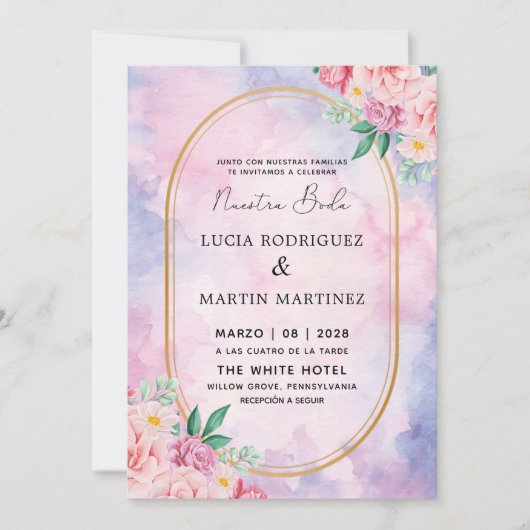 フローラエレガント金ゴールドパープルウォーターカラーヌエストラボーダ 招待状 (正面)