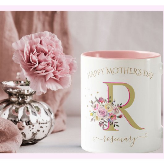 フローラエレガント金ゴールドピンクあなたのモノグラム名 ツートーンマグカップ