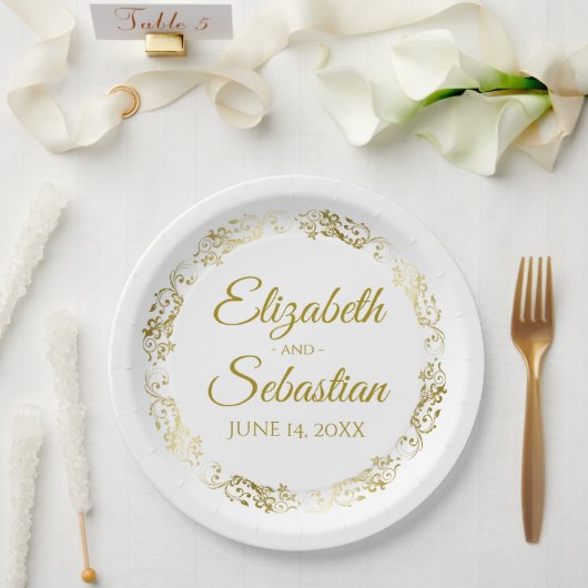 フローラエレガント金ゴールドフィシンプルリグリー結婚シッ ペーパープレート (ウェディング)
