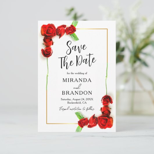 フローラエレガント金ゴールドフレーム赤いバラ日付を保存 招待状 (スタンド正面)