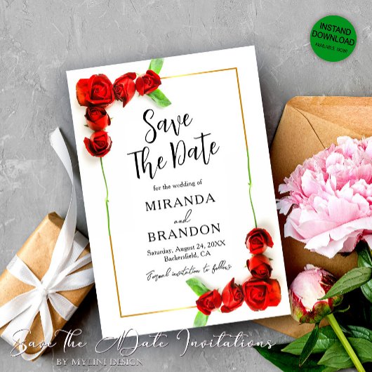 フローラエレガント金ゴールドフレーム赤いバラ日付を保存 招待状