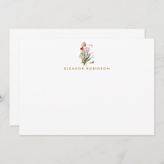 フローラエレガント金ゴールドモノグラム文字E パーソナライズされた ノートカード (正面/裏面)