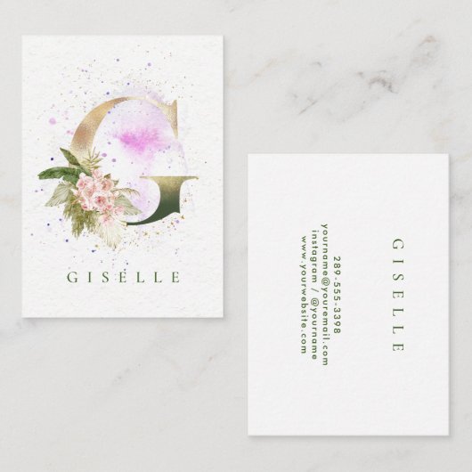 フローラエレガント金ゴールドレターピンク水色スプラッシュ 名刺 (正面/裏面)