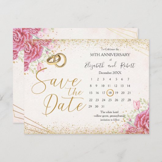 フローラエレガント金ゴールド50周年保存日付 案内ポストカード (正面/裏面)