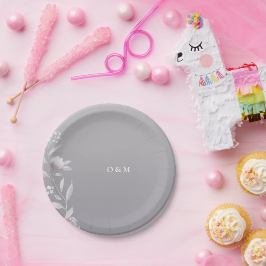 フローラエレガント銀Chinoiserieのモノグラ結婚ム ペーパープレート (パーティー)