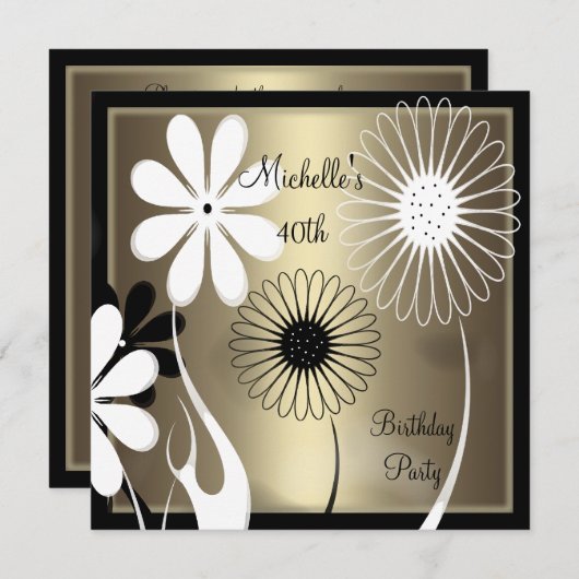 フローラエレガント銅白黒40歳の誕生日 招待状 (正面/裏面)