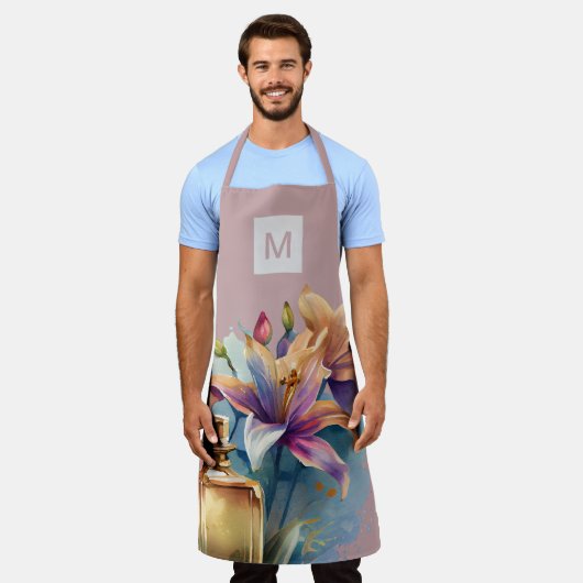 フローラエレガント香水ボトルほこりっぽいバラキッチン エプロン (着用した状態)