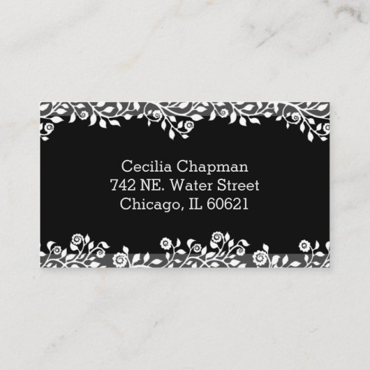 フローラエレガント黒スタイリッシュパーソナライズされたゴシック 名刺 (裏面)
