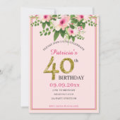 フローラエレガント·ピンクと金ゴールド40歳の誕生日 招待状 (正面)