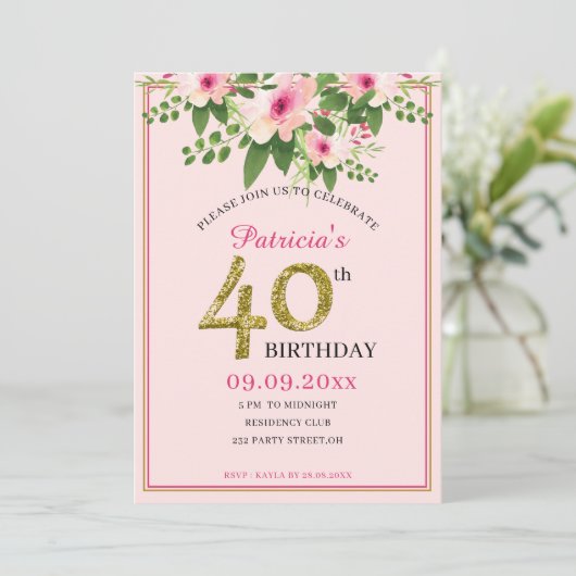 フローラエレガント·ピンクと金ゴールド40歳の誕生日 招待状 (スタンド正面)