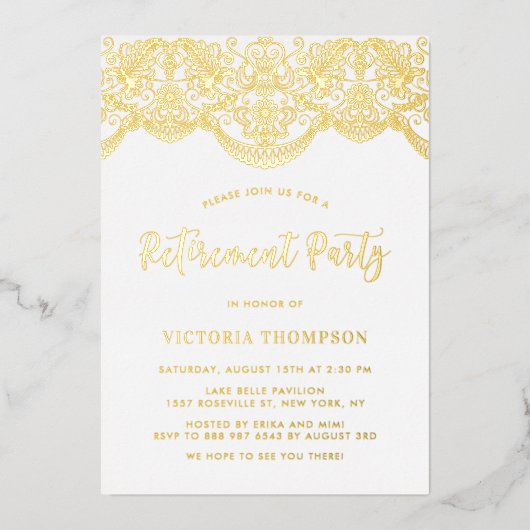 フローラエレガントBrocadeレース退職パーティー 箔招待状 (正面)