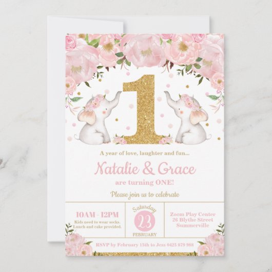 フローラエレファントツインガールズ1歳の誕生日パーティー 招待状 (正面)