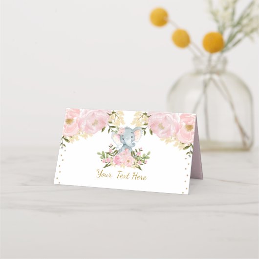 フローラエレファントピンク金ゴールド1歳誕生日ベビーシャワー プレイスカード (正面)