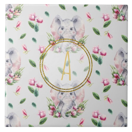 フローラエレファントモノグラムガールピンクベッドルーム子供部屋 タイル (正面)