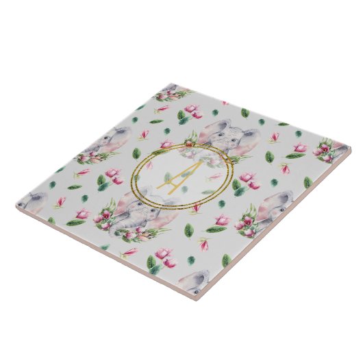 フローラエレファントモノグラムガールピンクベッドルーム子供部屋 タイル (側面)