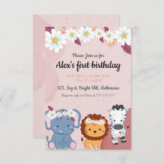 フローラエレファントライオンゼブラ1歳の誕生日の招待 エンクロージャーカード (正面/裏面)
