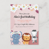フローラエレファントライオンゼブラ1歳の誕生日の招待 エンクロージャーカード (正面)