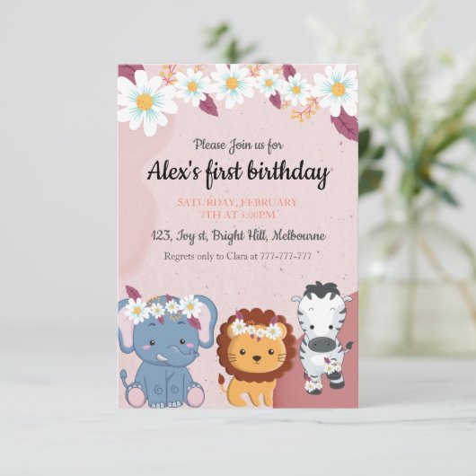 フローラエレファントライオンゼブラ1歳の誕生日の招待 エンクロージャーカード (スタンド正面)