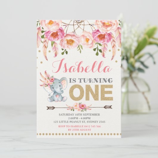 フローラエレファント招待状ピンク金ゴールドボホ誕生日 招待状 (スタンド正面)