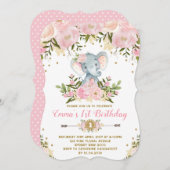 フローラエレファント誕生日招待状ピンク&金ゴールド 招待状 (正面/裏面)