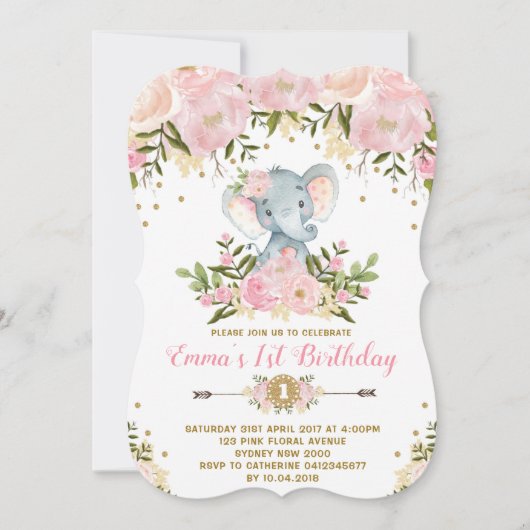 フローラエレファント誕生日招待状ピンク&金ゴールド 招待状 (正面)