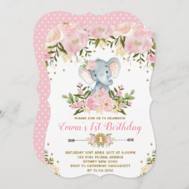フローラエレファント誕生日招待状ピンク&金ゴールド 招待状