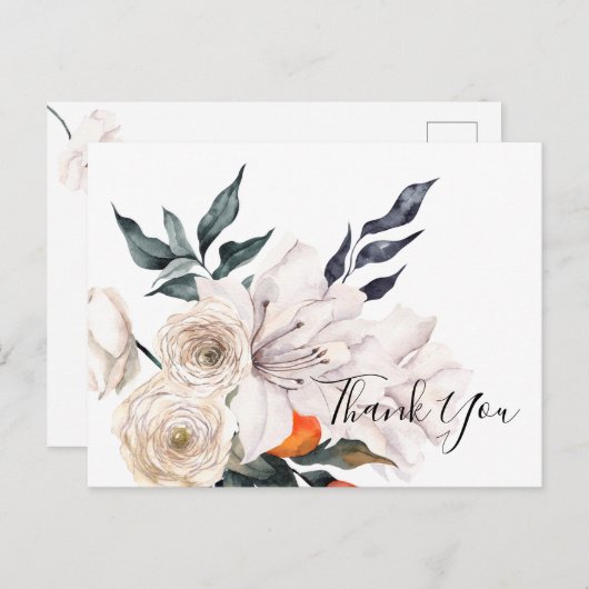フローラオレンジと白結婚のサンキューハガキ ポストカード (正面/裏面)