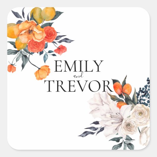 フローラオレンジと白結婚式招待状 スクエアシール (正面)